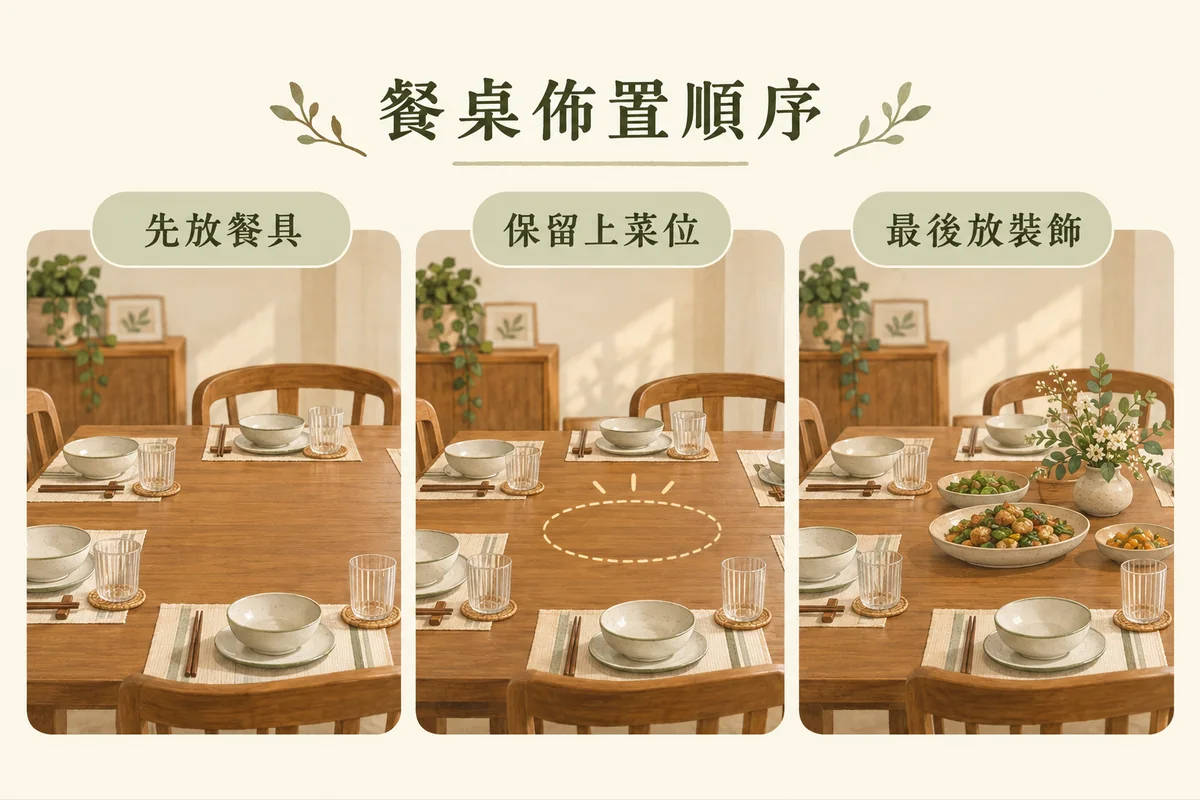 餐桌先放餐具保留上菜位置最後放裝飾的順序示意