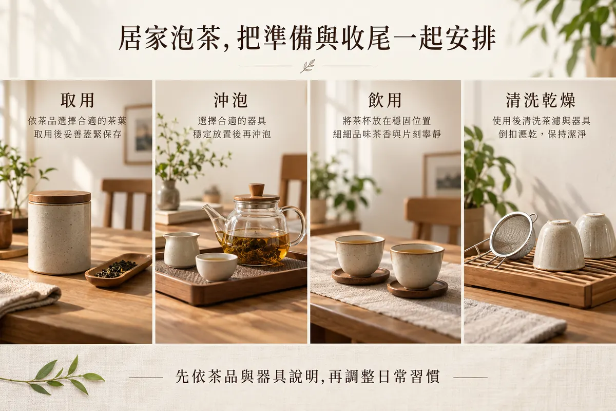 居家泡茶取用沖泡飲用與清洗乾燥四步規劃