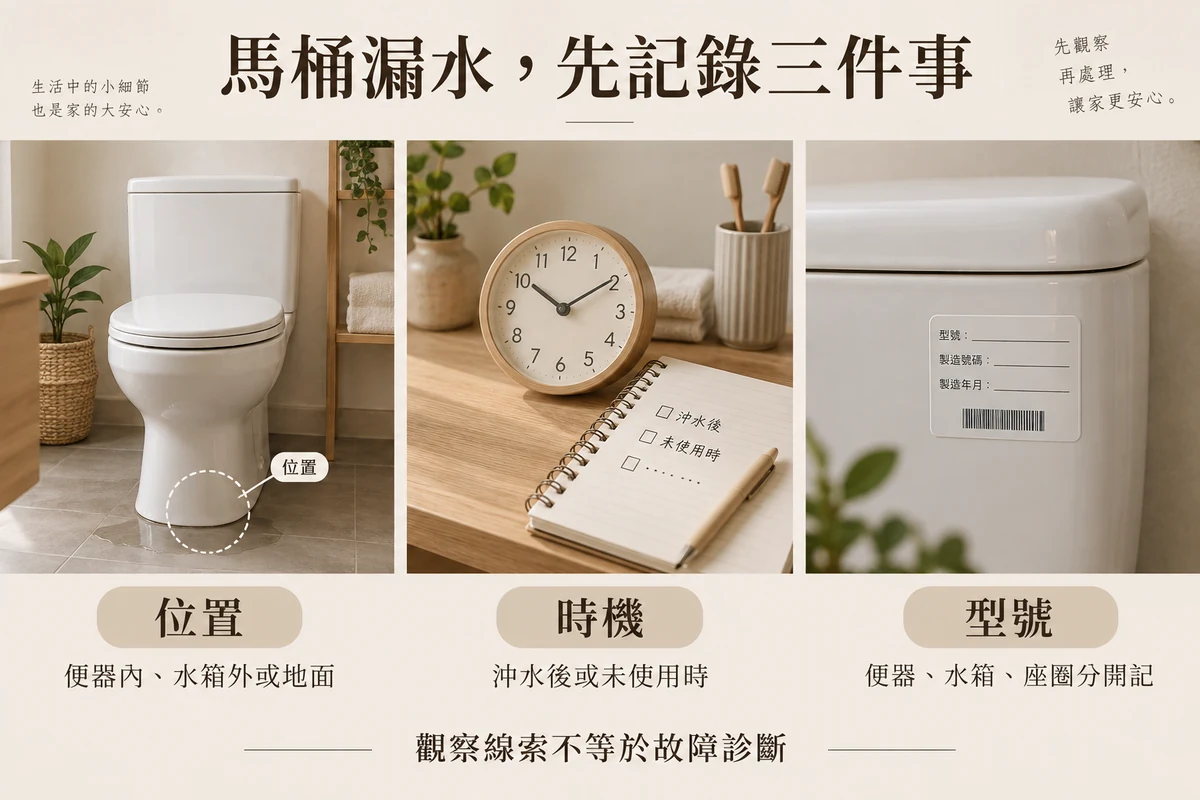馬桶漏水位置發生時機與分別記錄設備型號的示意