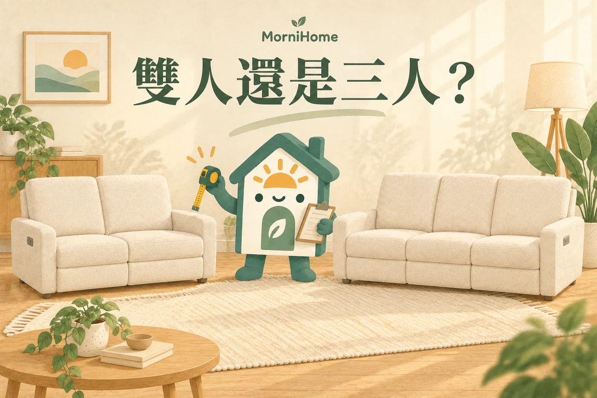雙人電動沙發還是三人座？座位、價差與家庭使用情境比較的居家情境示意圖