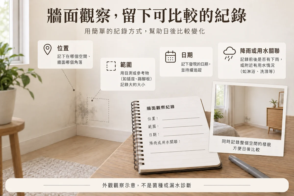 牆面位置範圍日期及降雨用水關聯的觀察示意