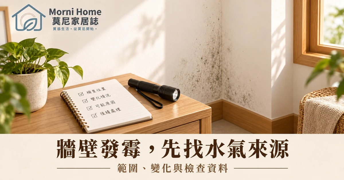 牆角變色與檢查紀錄本的居家觀察示意