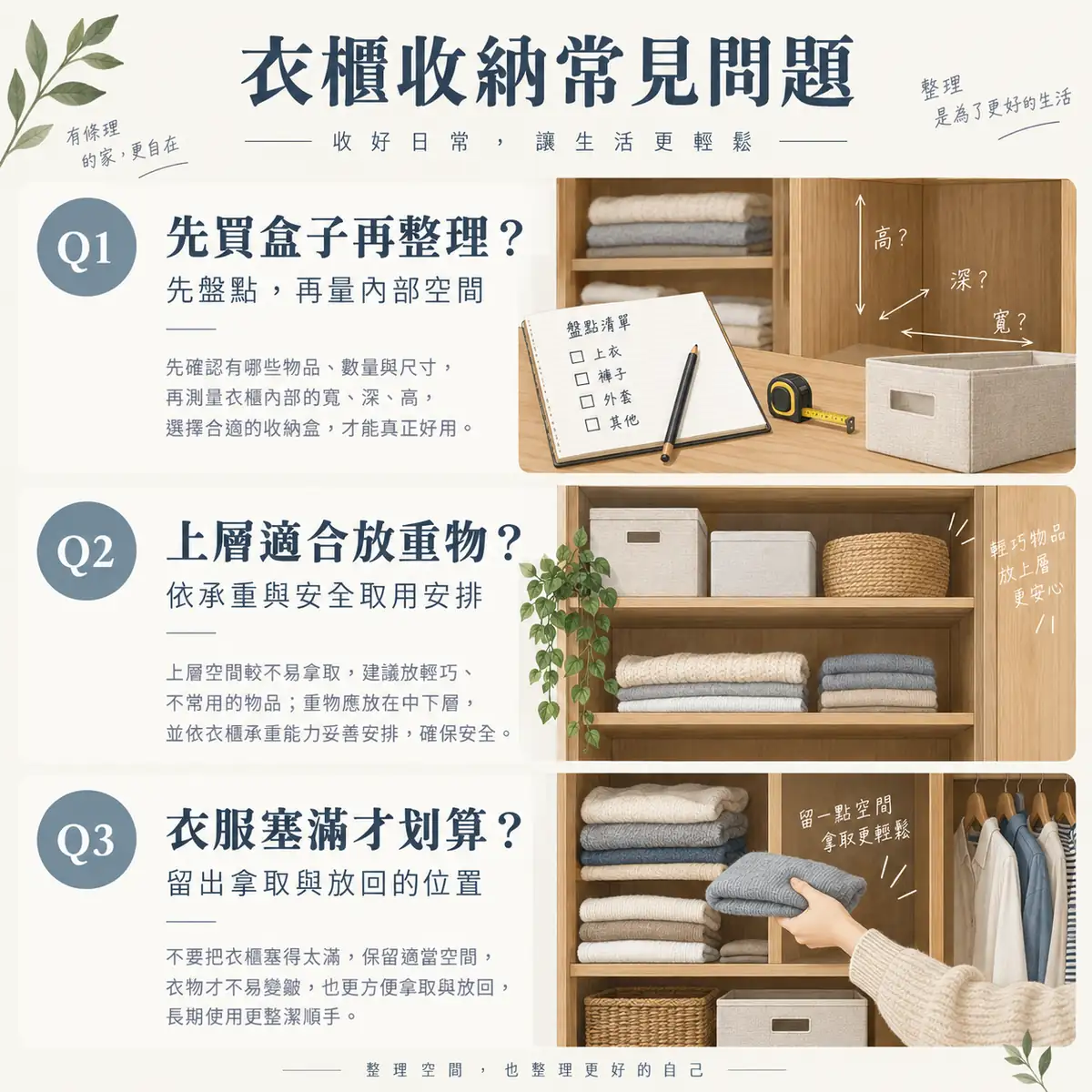 先盤點再買盒、上層承重與保留取用空間的收納常見問題
