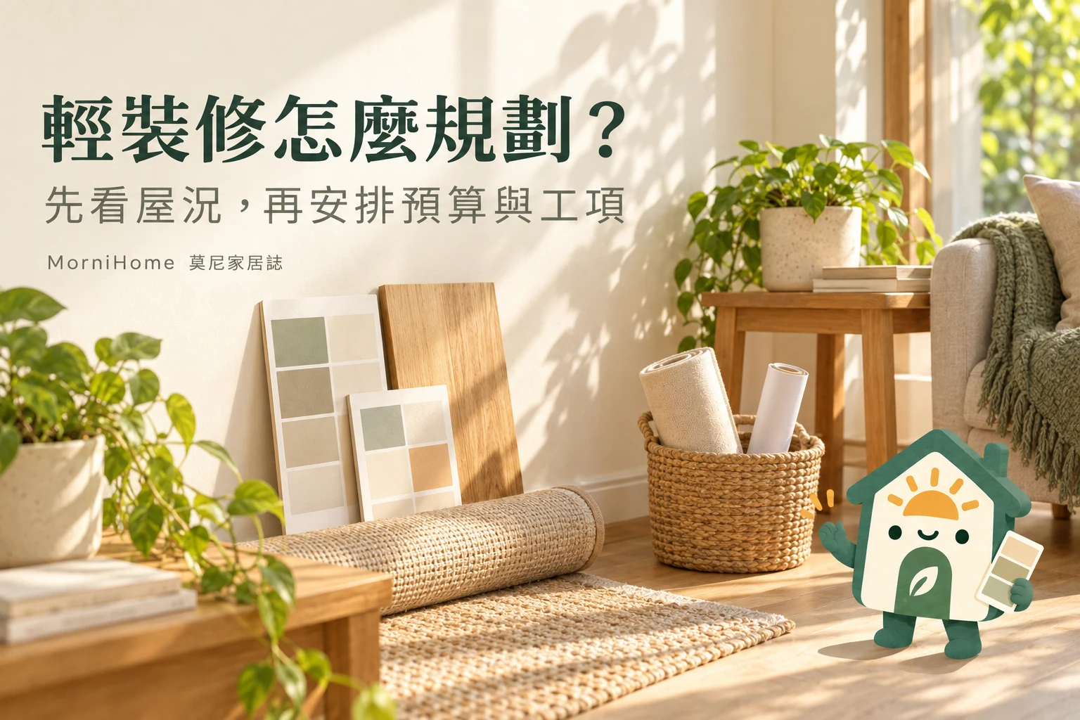 輕裝修是什麼指南封面，居家情境搭配 Morni 小屋插畫吉祥物