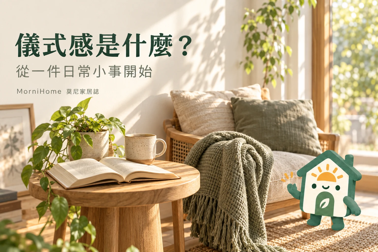 儀式感指南封面，居家情境搭配 Morni 小屋插畫吉祥物