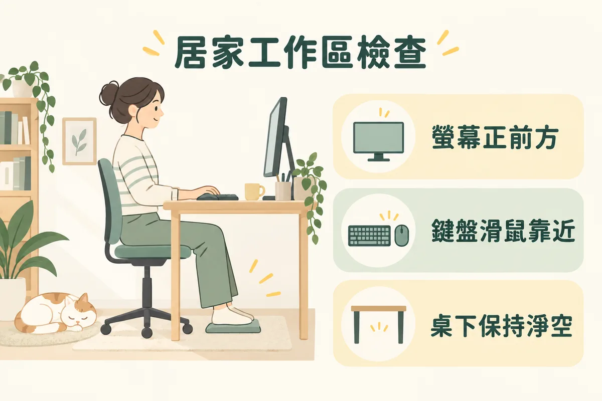 居家工作區螢幕正前方鍵盤滑鼠靠近與桌下淨空的檢查示意