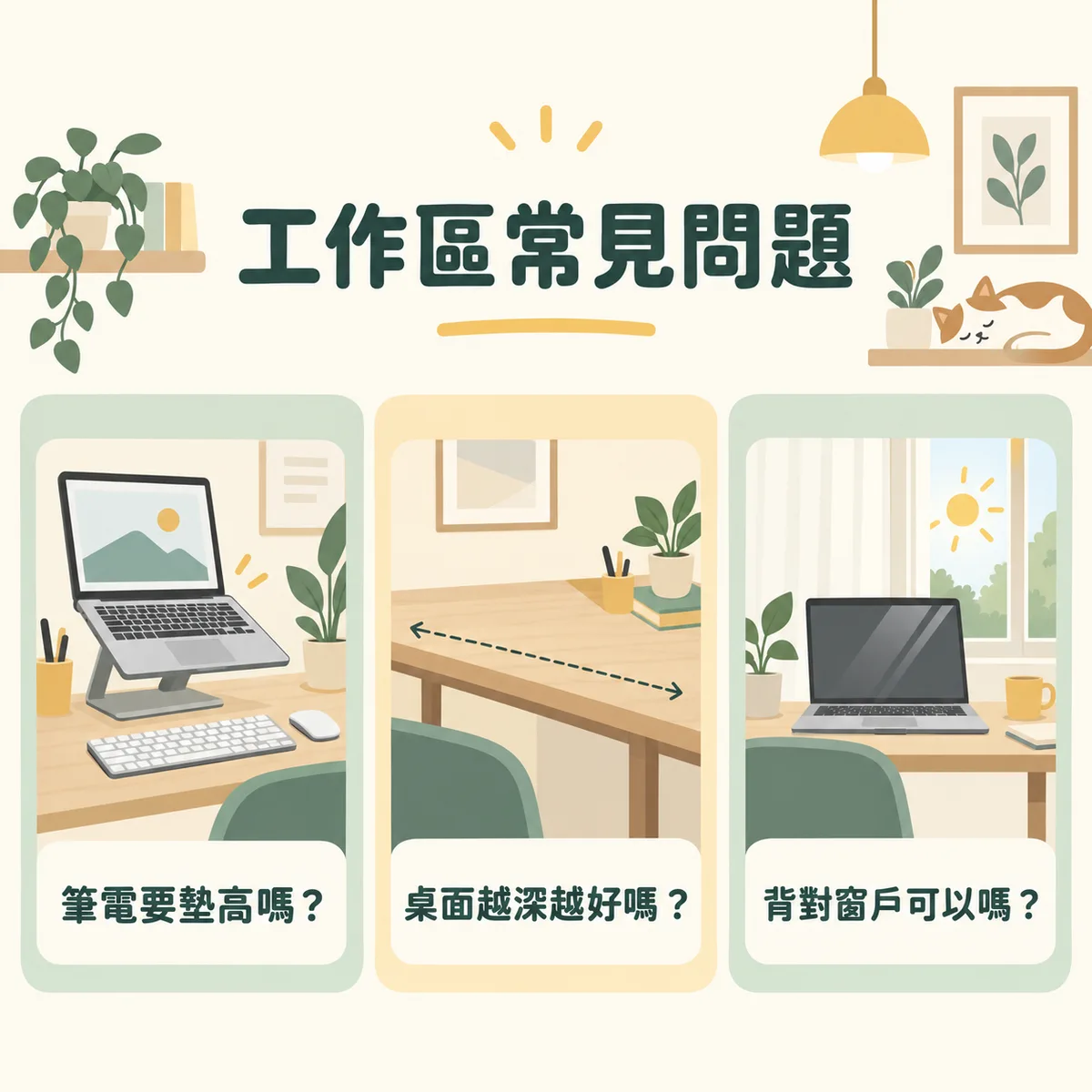 筆電墊高桌面深度與窗戶反光的工作區常見問題圖卡