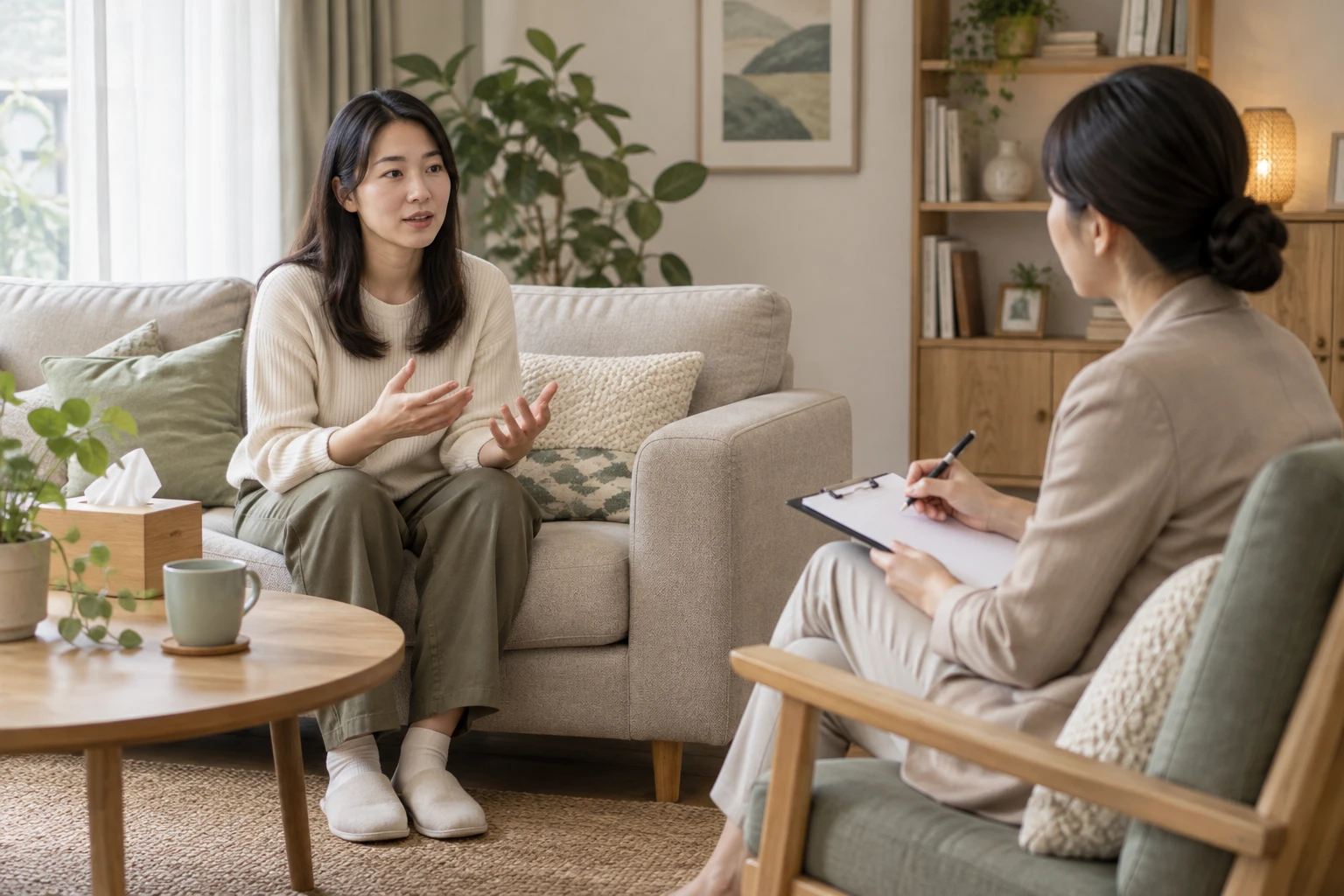 沙發試坐與記錄選購條件的情境示意
