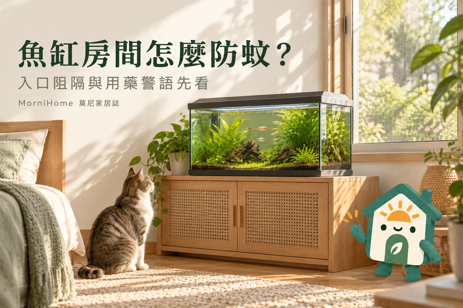 魚缸房間怎麼防蚊，滿版攝影風格場景搭配 MorniHome 插畫吉祥物；情境示意非實拍