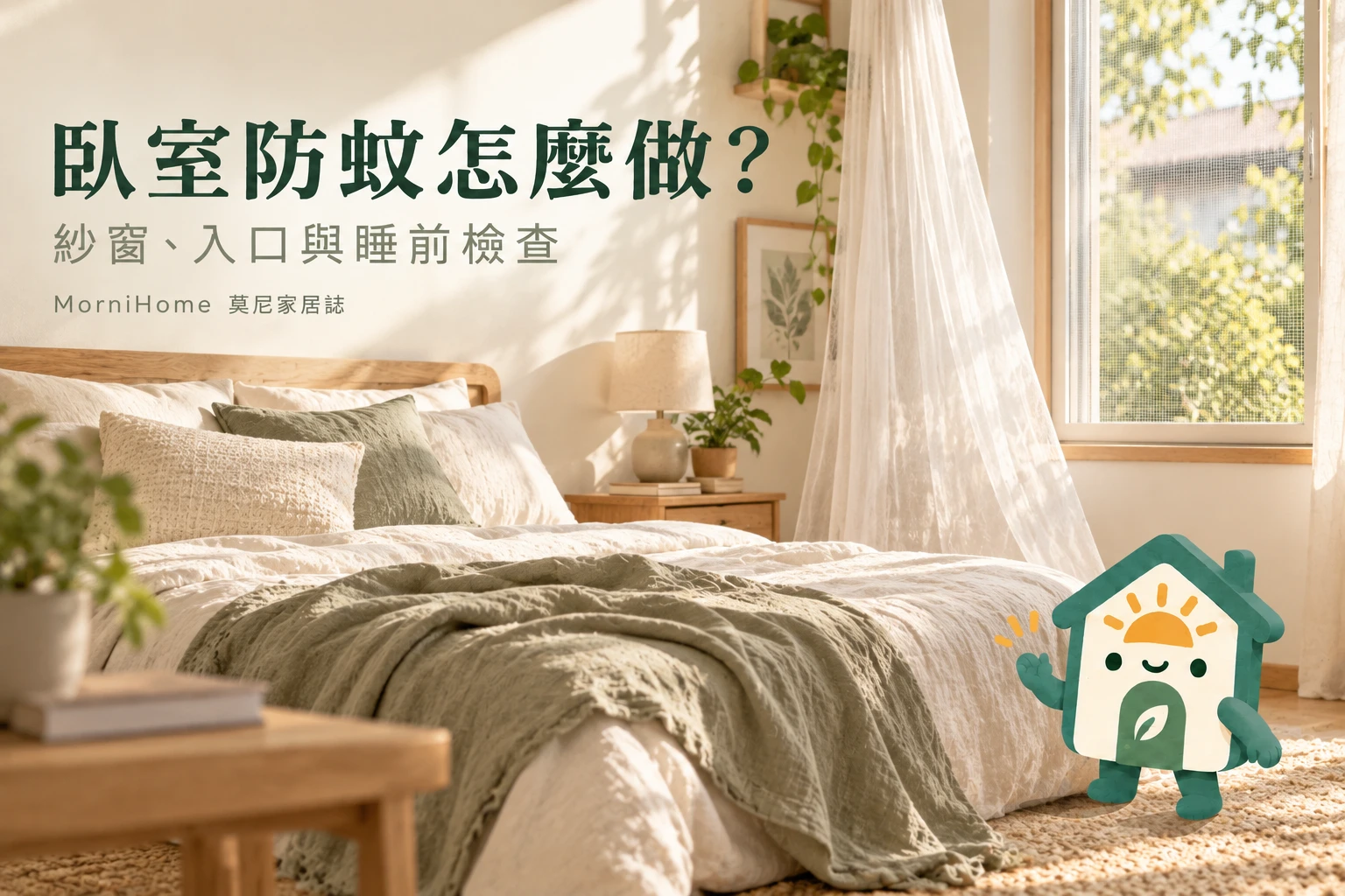 臥室防蚊怎麼做，滿版攝影風格場景搭配 MorniHome 插畫吉祥物；情境示意非實拍