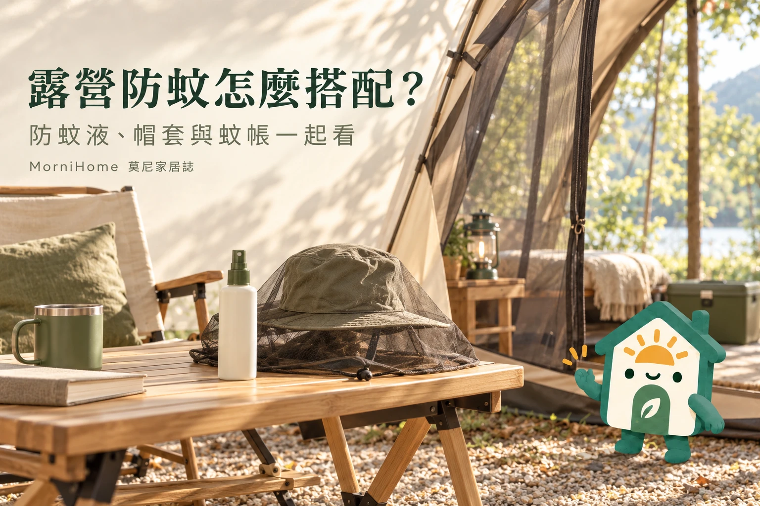 露營防蚊怎麼搭配，滿版攝影風格場景搭配 MorniHome 插畫吉祥物；情境示意非實拍