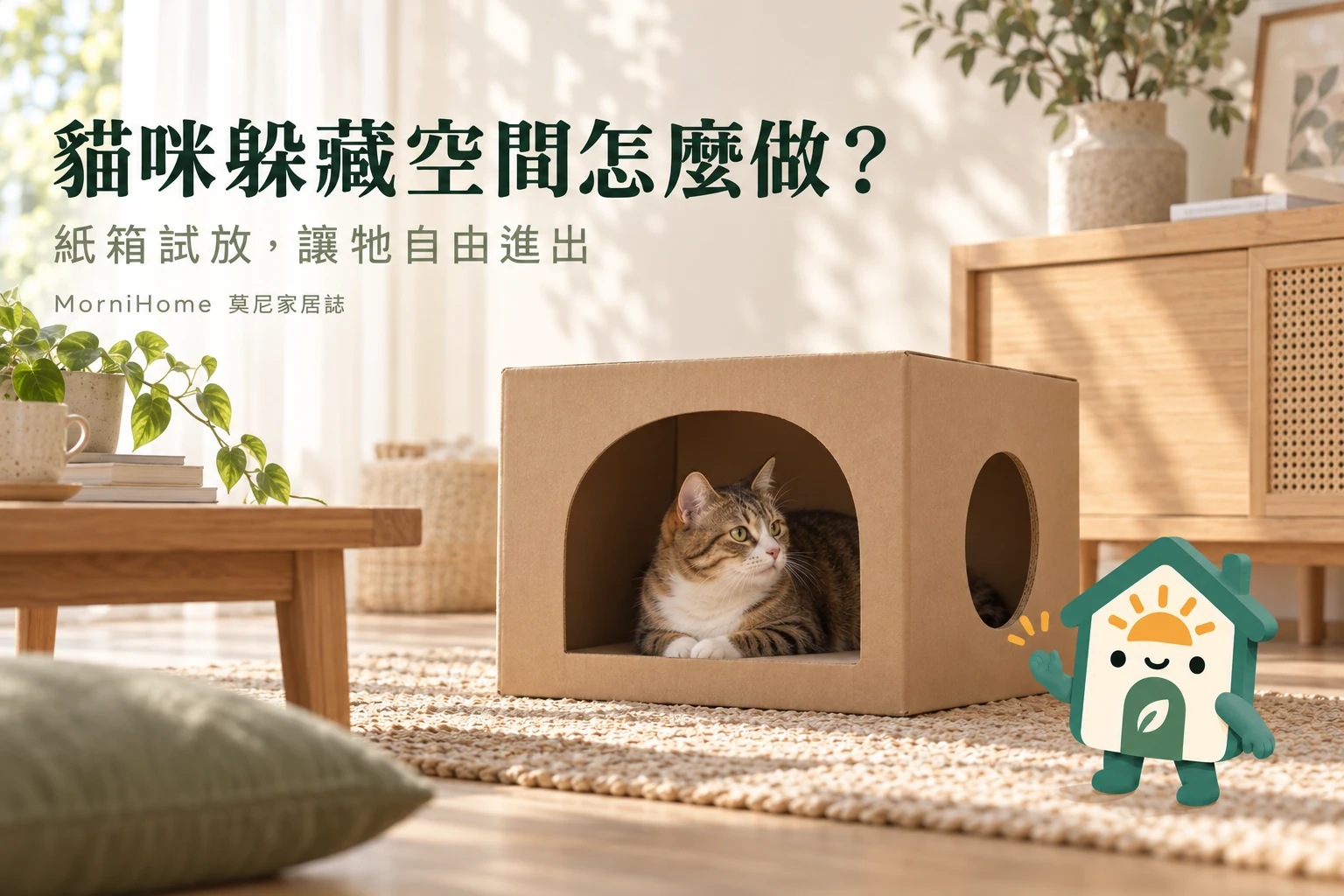 貓咪躲藏空間怎麼做？：紙箱試放，讓牠自由進出，生成攝影風格情境示意