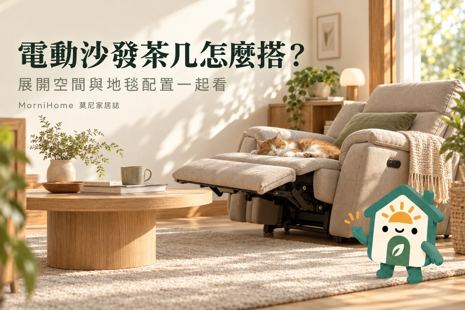 電動沙發茶几怎麼搭，滿版攝影風格場景搭配 MorniHome 插畫吉祥物；情境示意非實拍