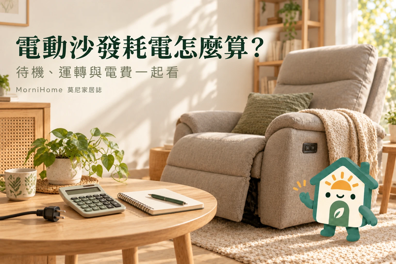 電動沙發耗電怎麼算，滿版攝影風格場景搭配 MorniHome 插畫吉祥物；情境示意非實拍