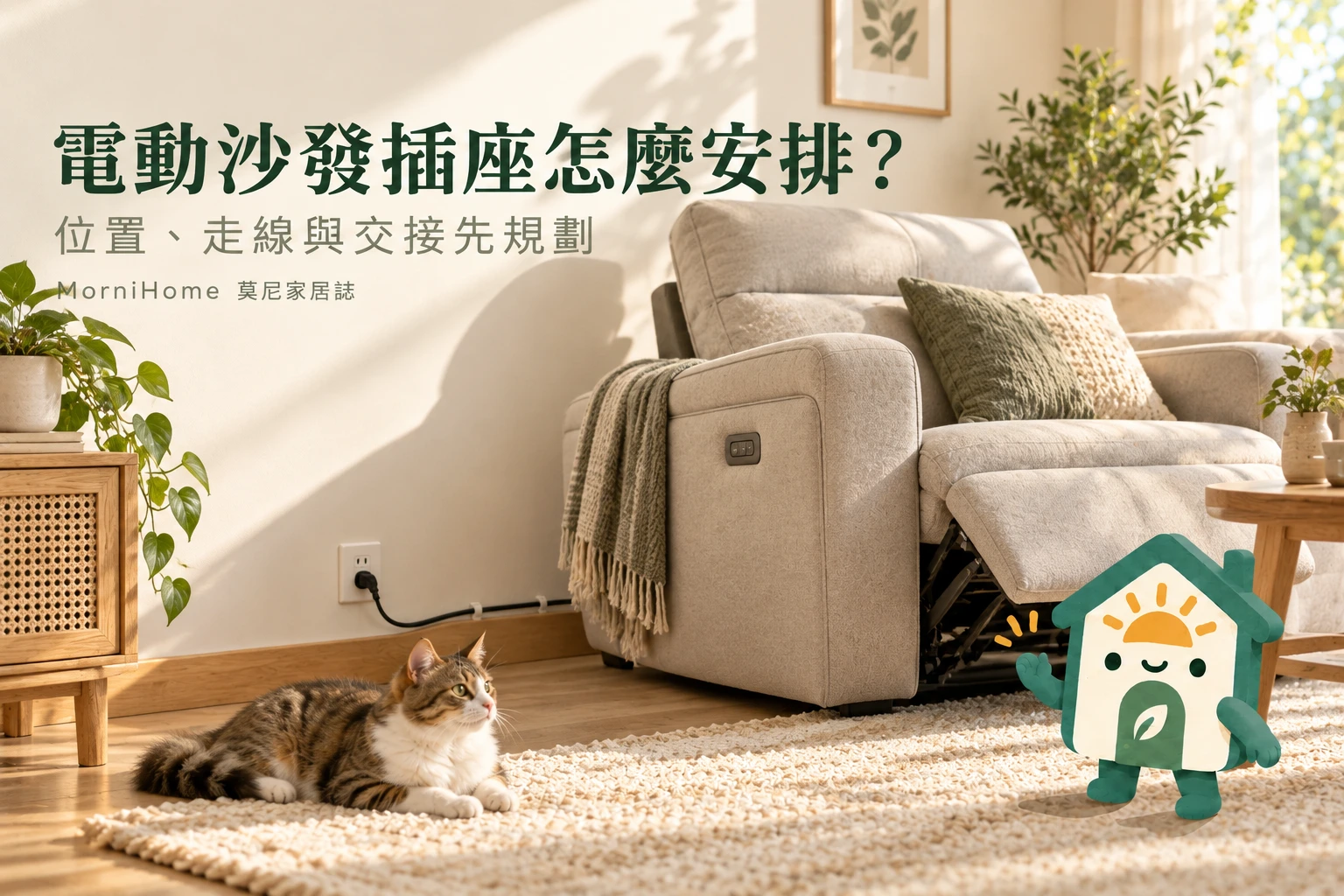 電動沙發插座怎麼安排,滿版攝影風格場景搭配 MorniHome 插畫吉祥物;情境示意非實拍
