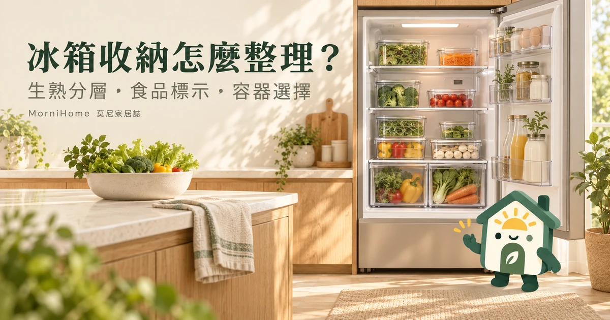 冰箱收納怎麼整理：暖色居家情境與 MorniHome 房屋吉祥物，AI 示意圖
