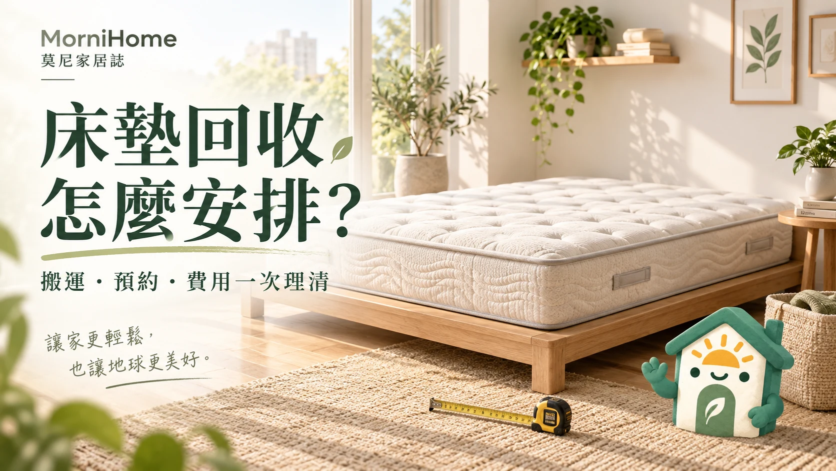 床墊回收指南封面：臥室中的床墊與 MorniHome 吉祥物示意