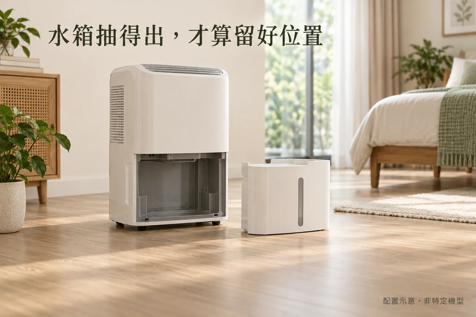 水箱取放空間配置示意，非特定機型、實拍或標準尺寸；間距仍依手冊。