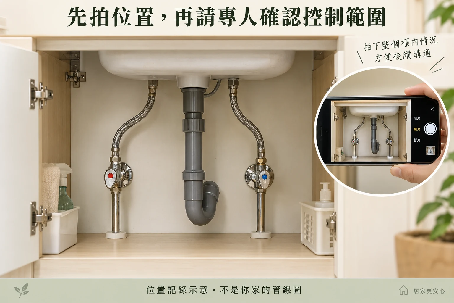 家中供水開關位置記錄示意，非真實住家管線或操作方向指引。