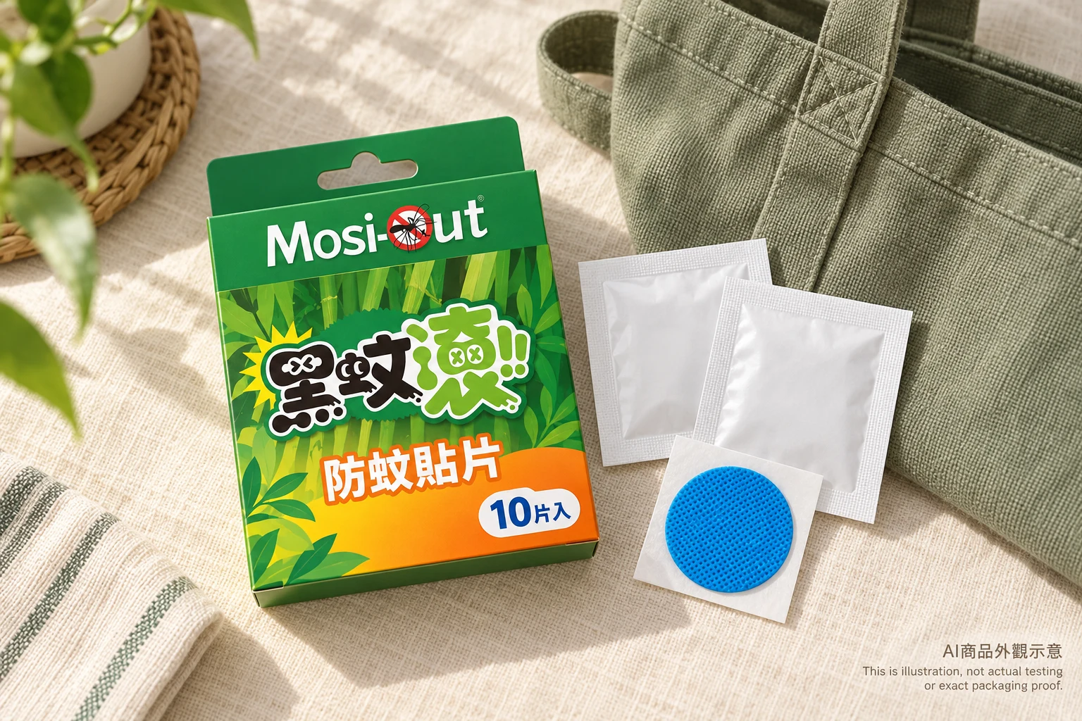 黑蚊滾10片裝、單片包裝與藍色貼片的AI外觀示意