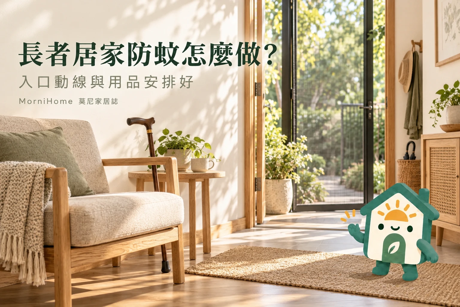長者居家防蚊怎麼做，滿版攝影風格場景搭配 MorniHome 插畫吉祥物；情境示意非實拍