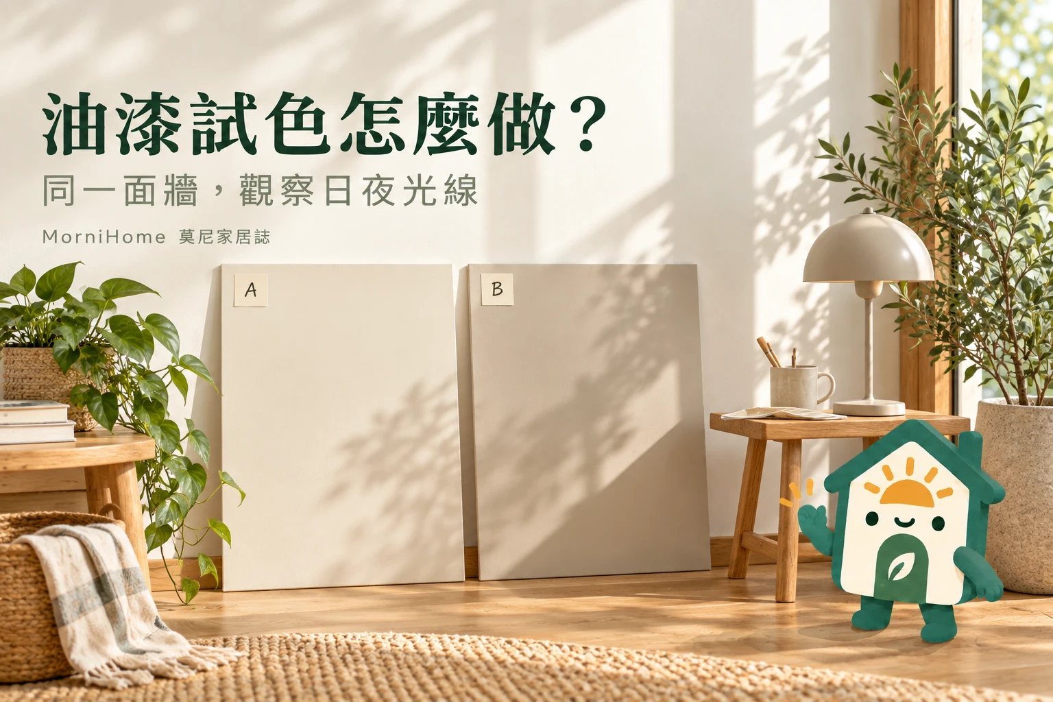 油漆試色怎麼做？：同一面牆，觀察日夜光線，生成攝影風格情境示意