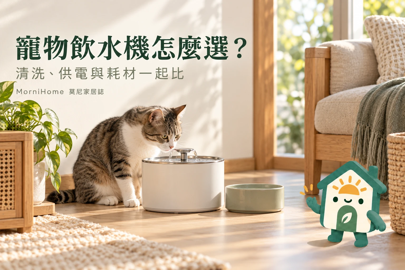 寵物飲水機怎麼選?:清洗、供電與耗材一起比,攝影風格情境示意