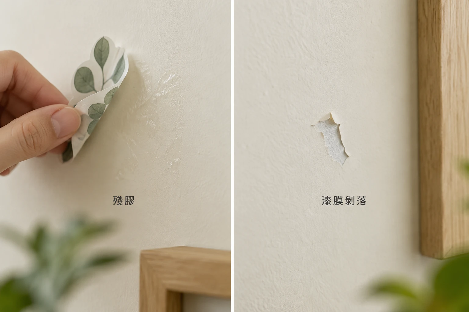 壁貼殘膠與漆膜剝落的外觀差異