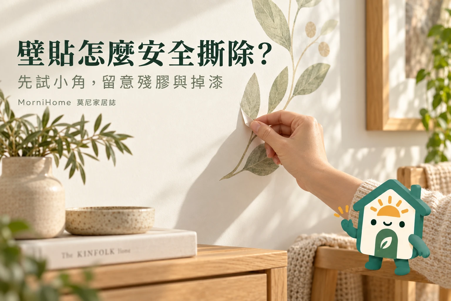 壁貼怎麼安全撕除？：先試小角，留意殘膠與掉漆，攝影風格情境示意