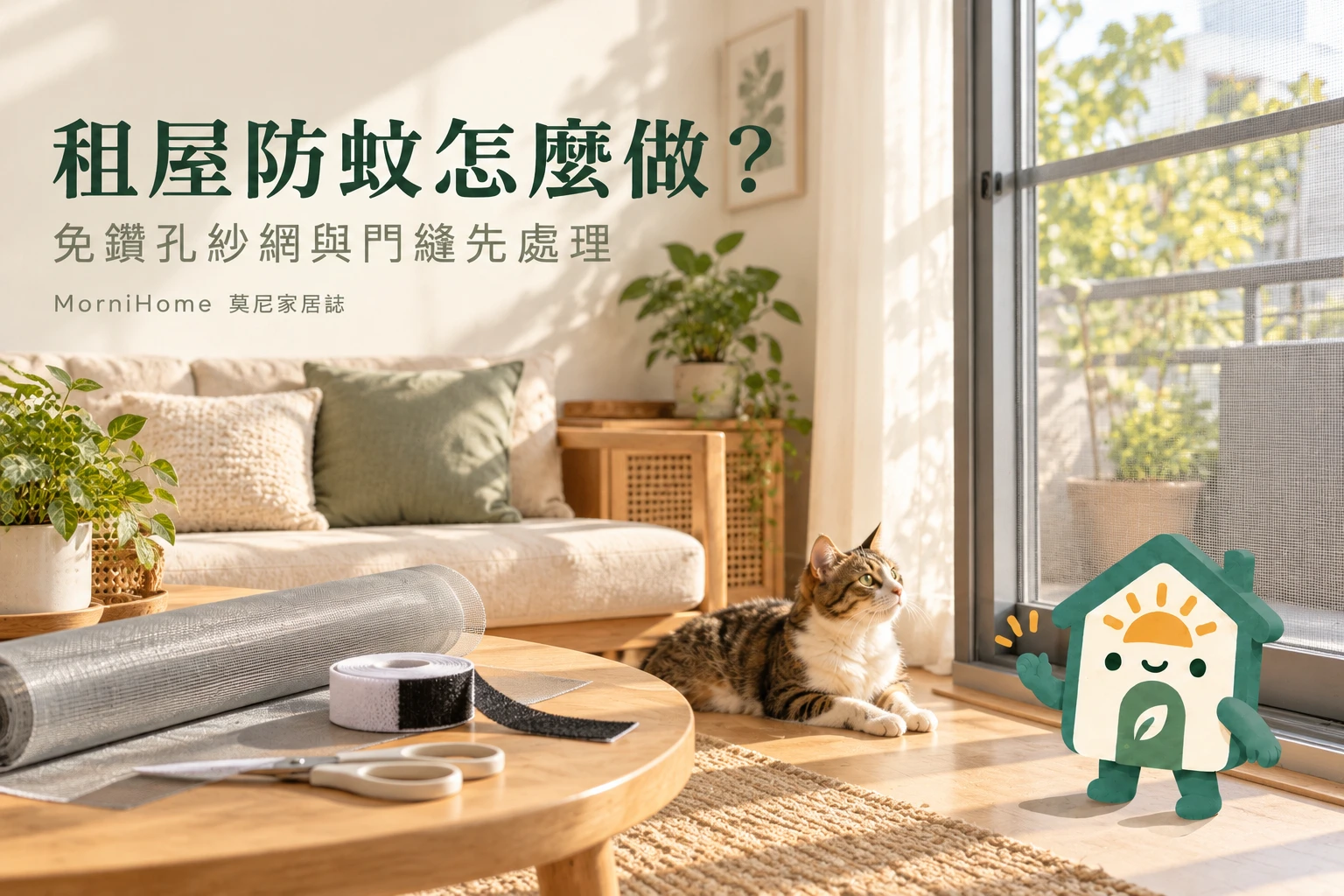 租屋防蚊怎麼做,滿版攝影風格場景搭配 MorniHome 插畫吉祥物;情境示意非實拍