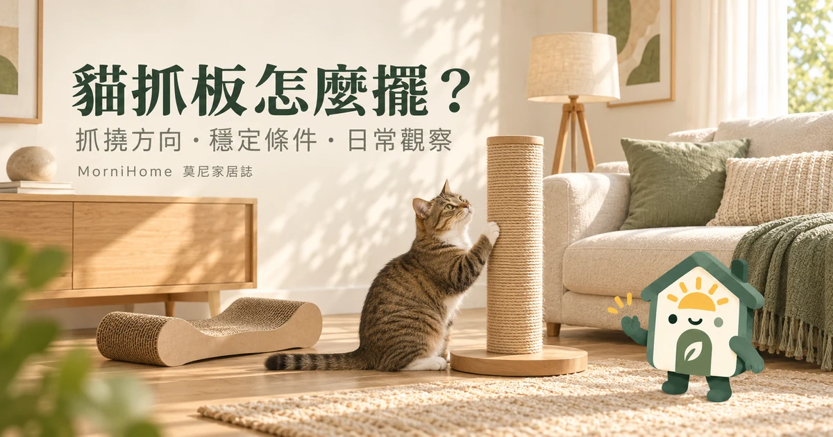 貓抓板怎麼擺：暖色居家情境與 MorniHome 房屋吉祥物，AI 示意圖