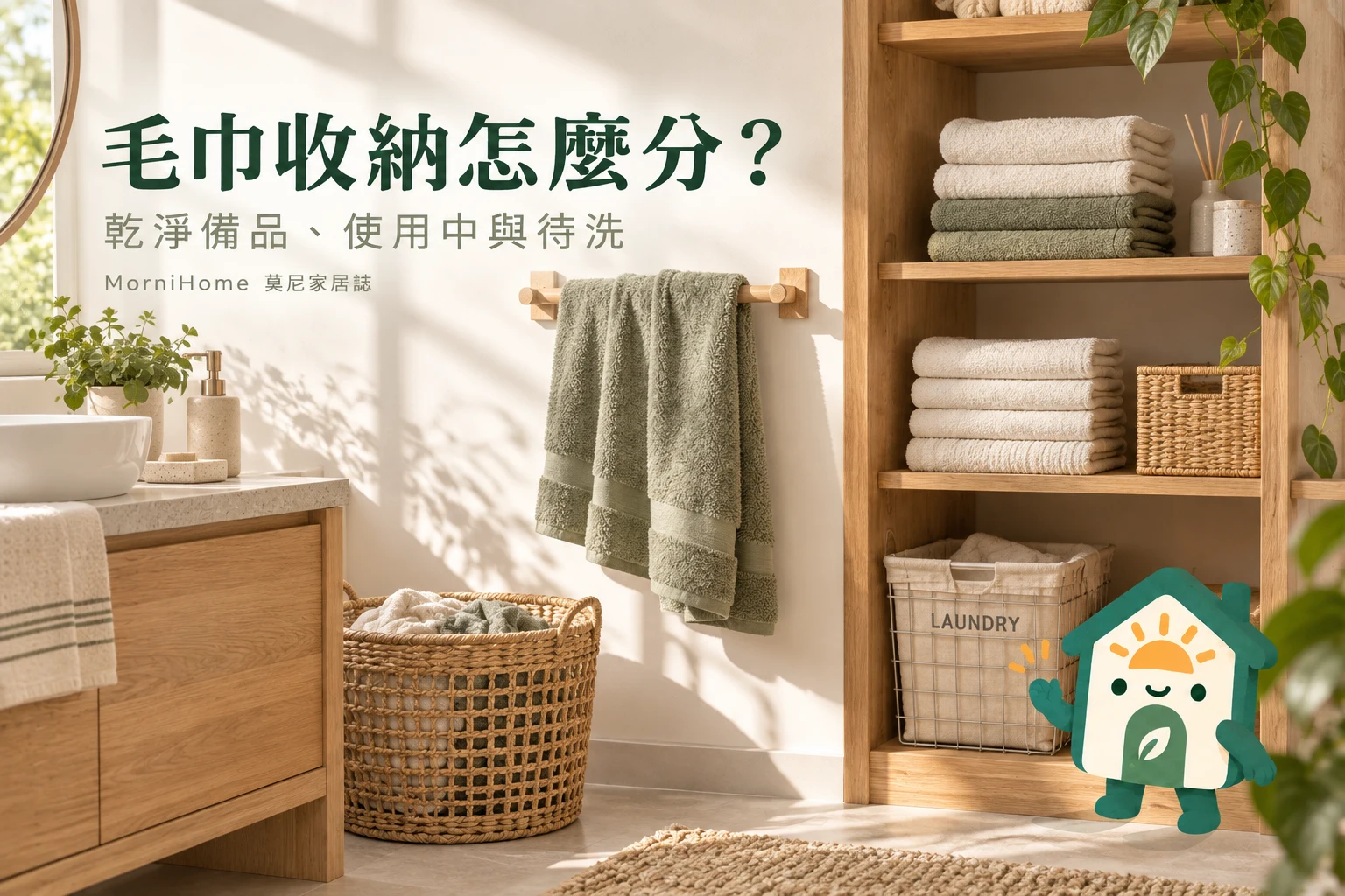 毛巾收納怎麼分？：乾淨備品、使用中與待洗，生成攝影風格情境示意