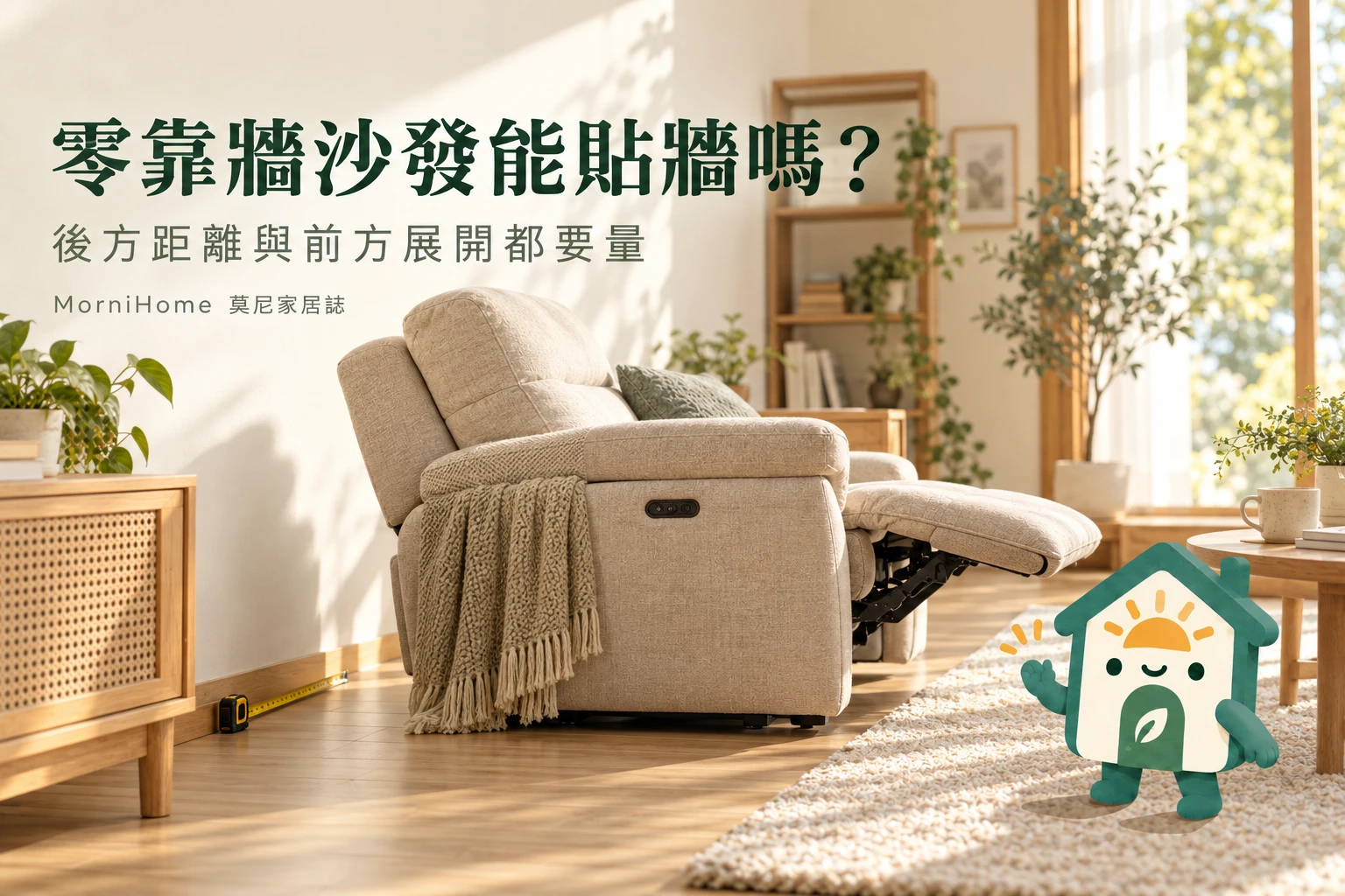 零靠牆沙發能貼牆嗎,滿版攝影風格場景搭配 MorniHome 插畫吉祥物;情境示意非實拍