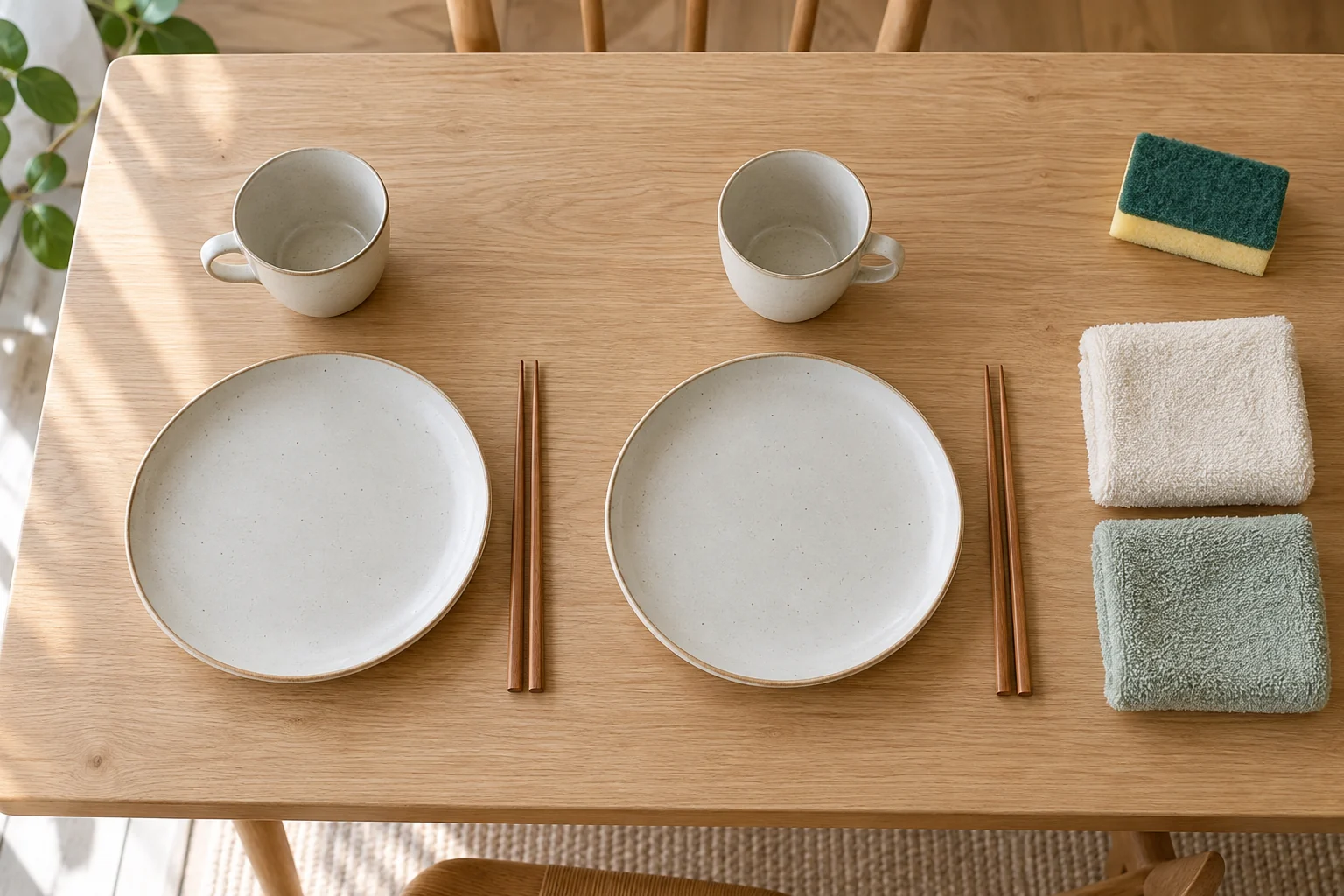 兩人用品盤點示意:桌面上有兩個杯子、兩個餐盤、兩雙筷子與兩條小毛巾
